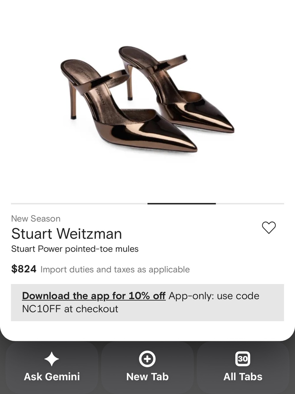 Stuart Weitzman Metallic Bronze Pointed-Toe Mules